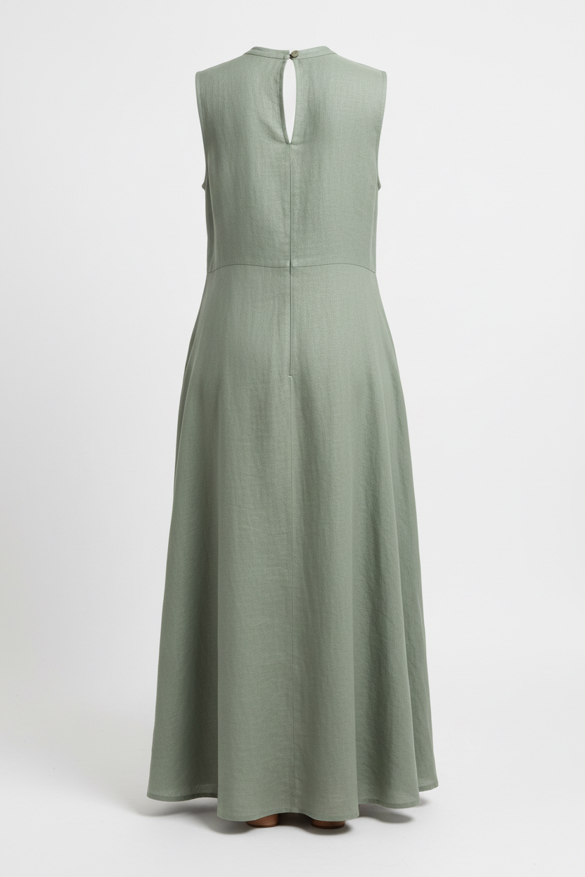Sage green linen midi dress back view