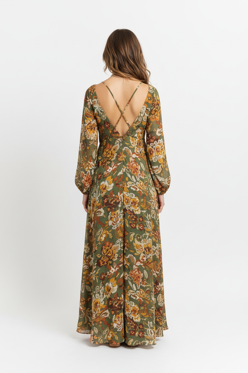 Bohemian floral maxi dress back view