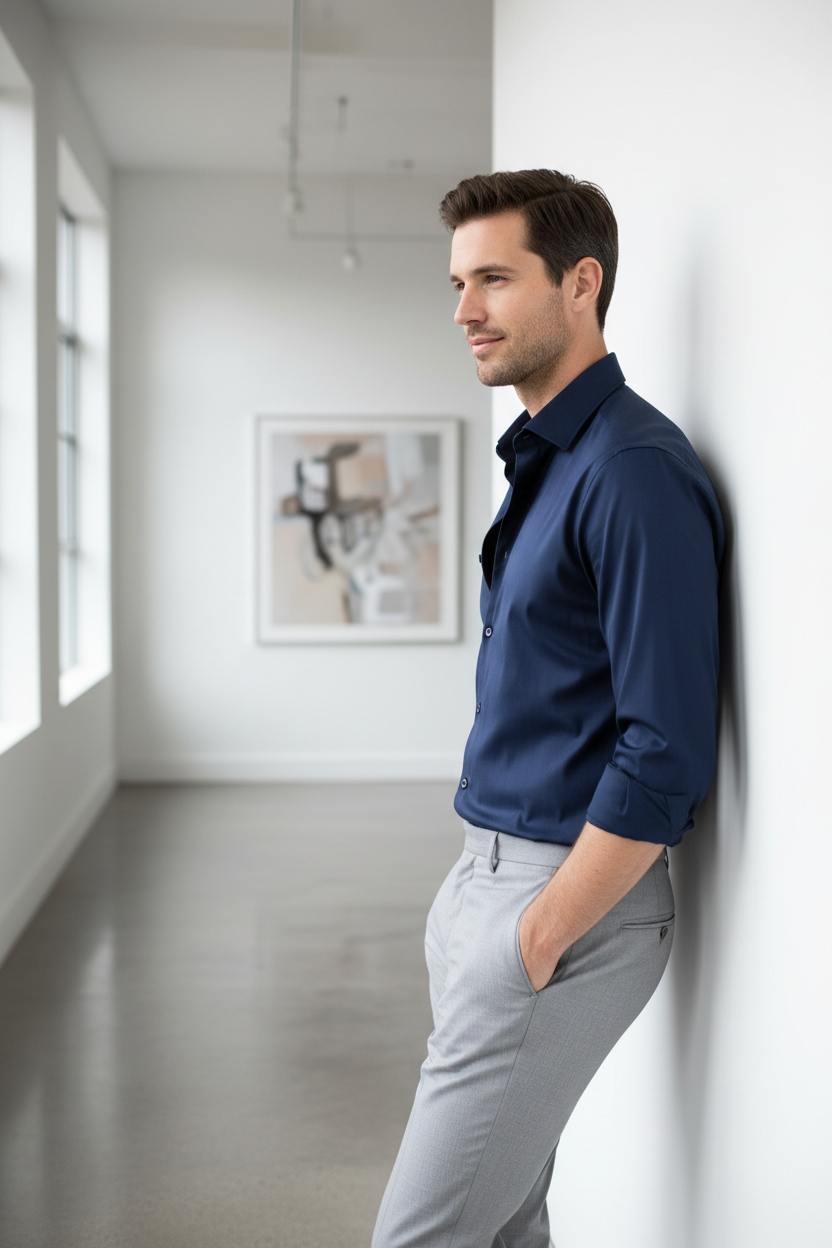 Male model wearing Navy Slim-Fit Dress Shirt side profile