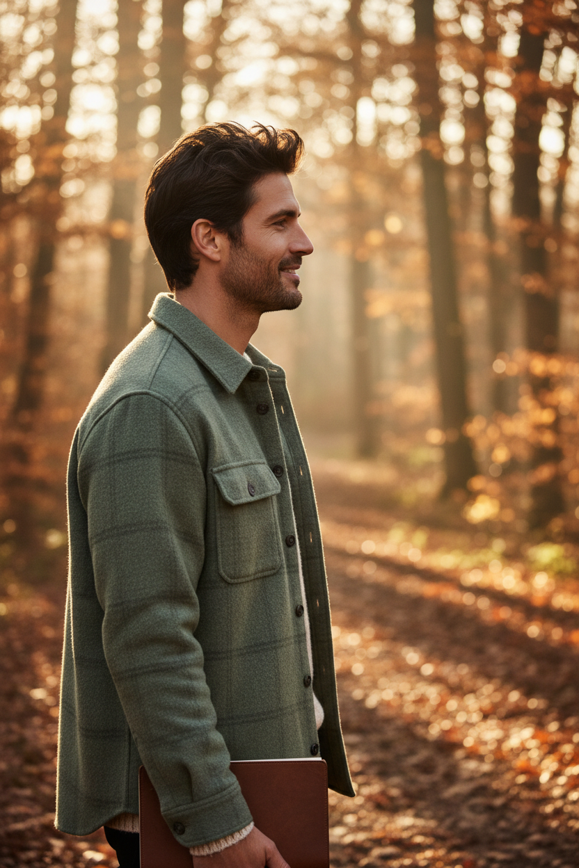 Male model wearing Sage Green Flannel Overshirt side profile