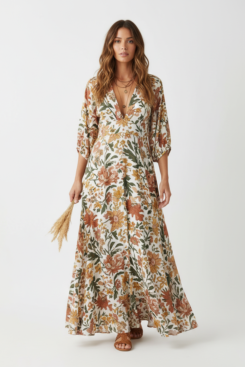 Bohemian floral maxi dress front view