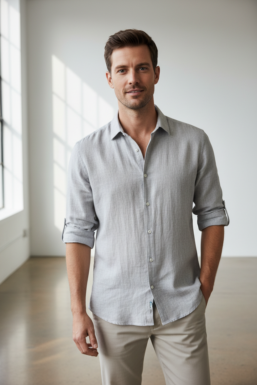 Male model wearing Grey Linen Casual Shirt upper body