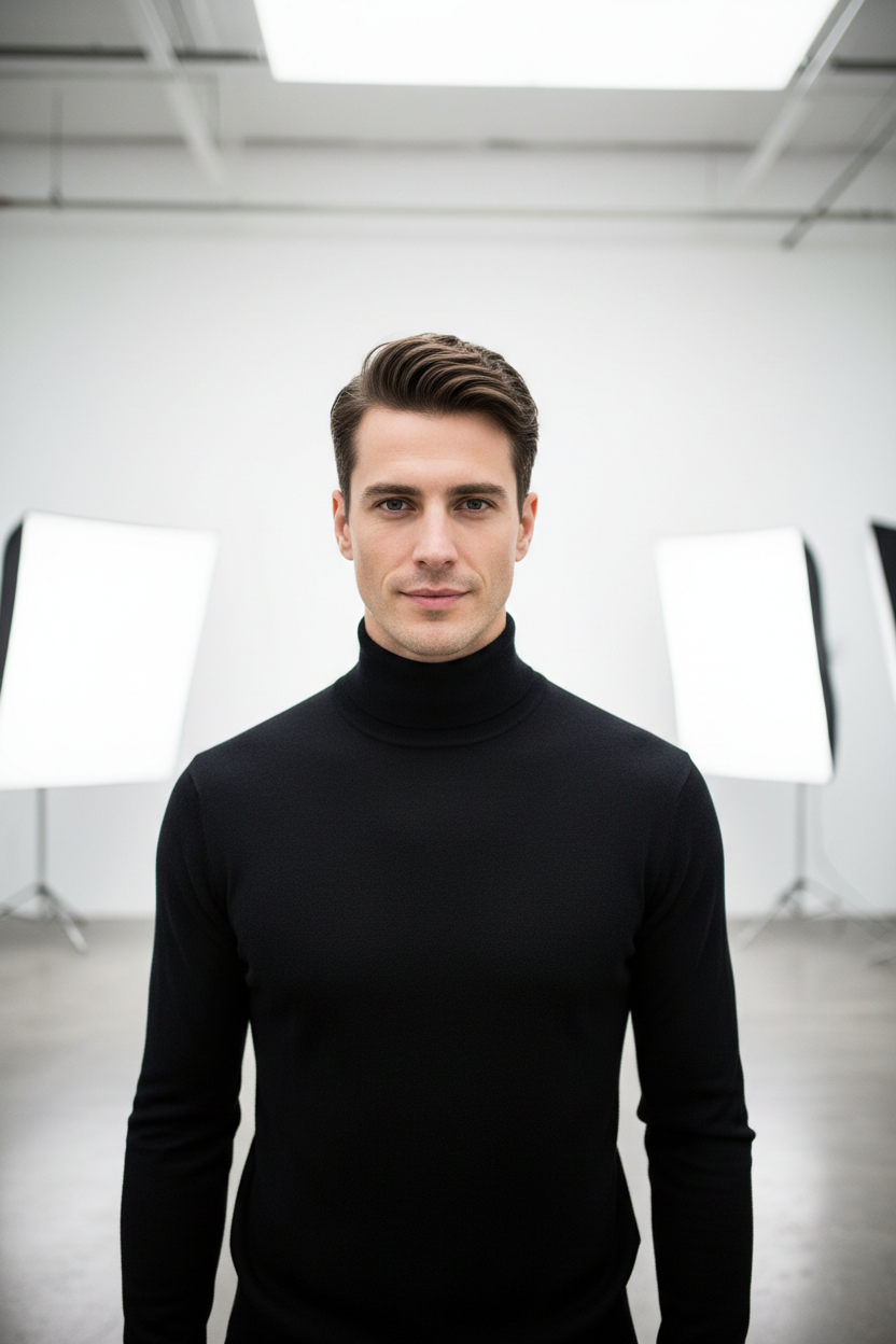 Male model wearing Black Turtleneck Shirt upper body