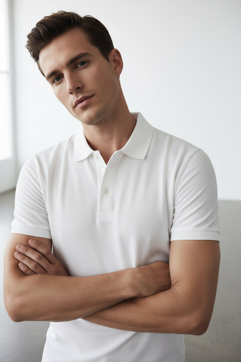 Male model wearing Classic White Polo Shirt upper body