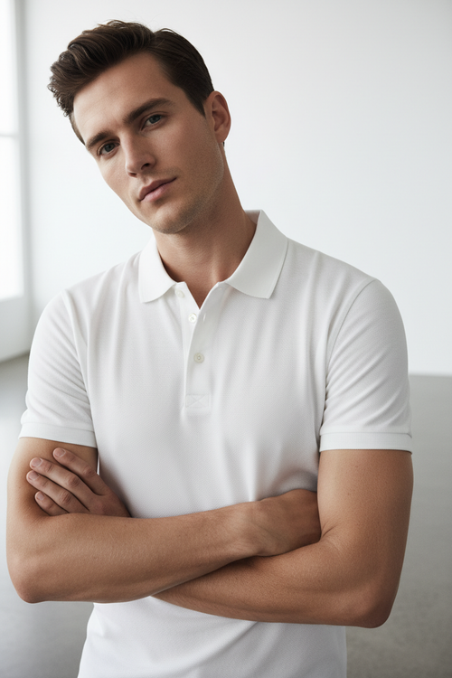 Male model wearing Classic White Polo Shirt upper body