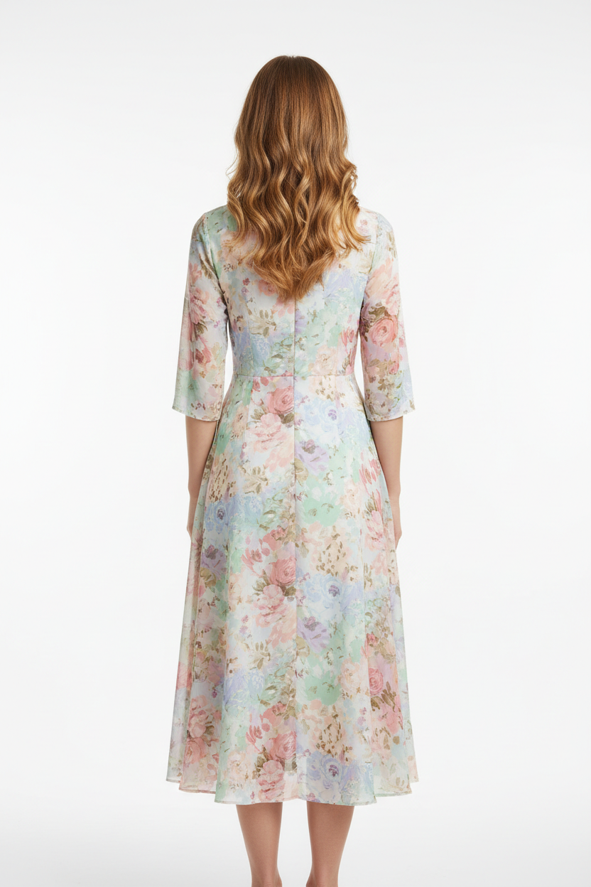 Floral pastel midi dress back view