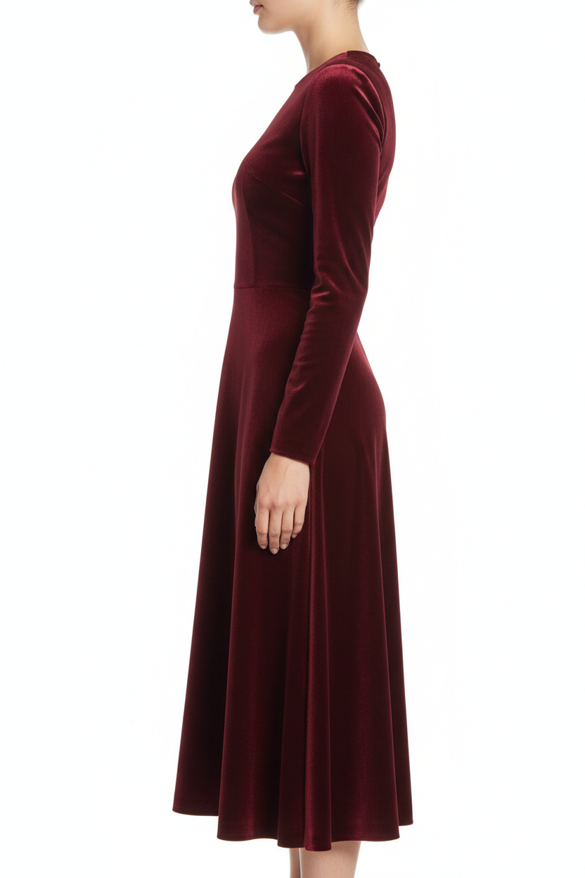 Burgundy velvet midi dress side view