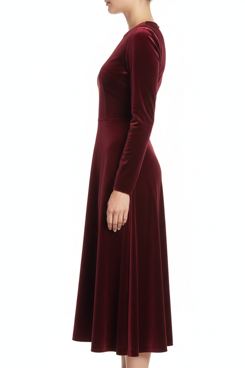 Burgundy velvet midi dress side view