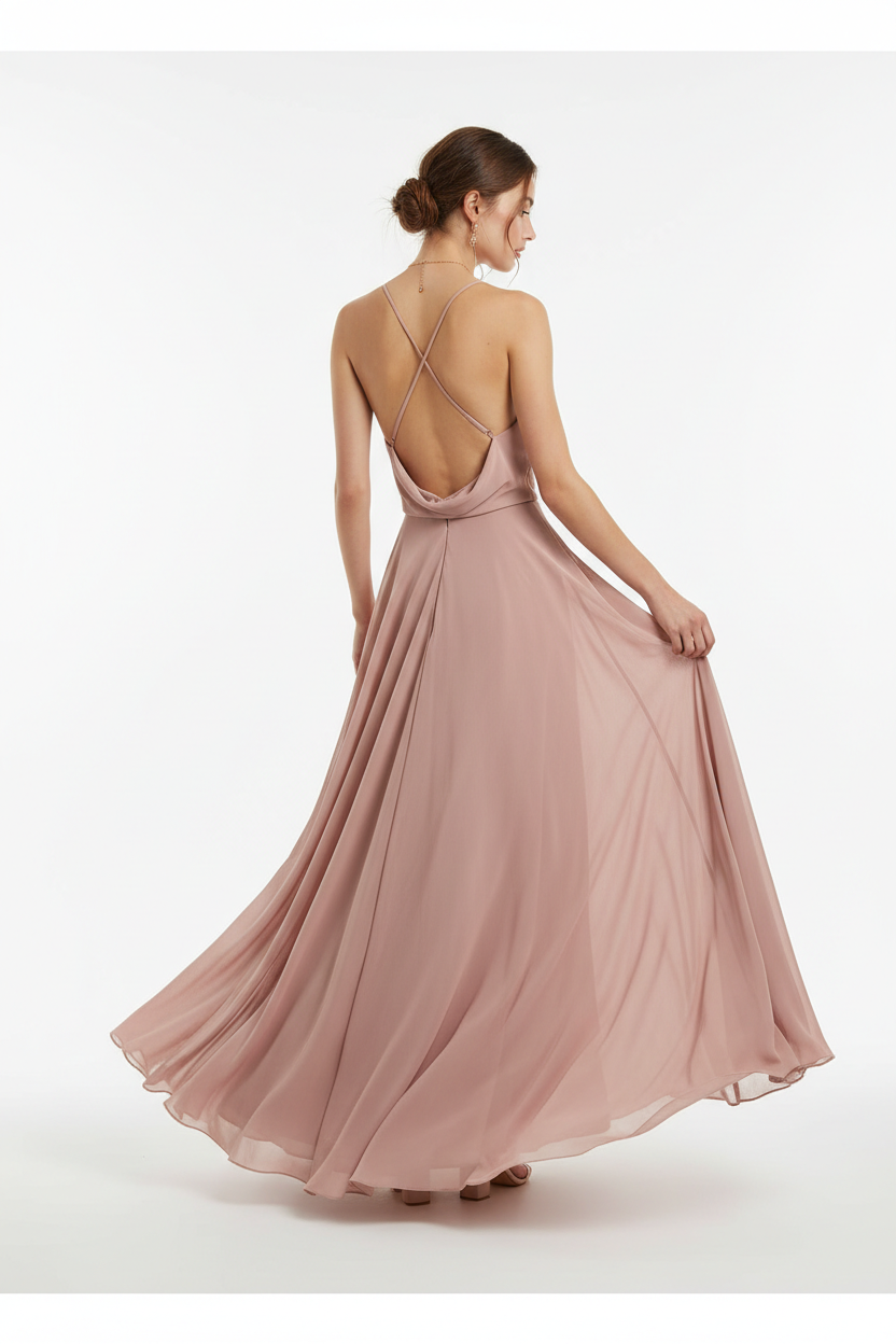 Dusty rose chiffon maxi dress back view