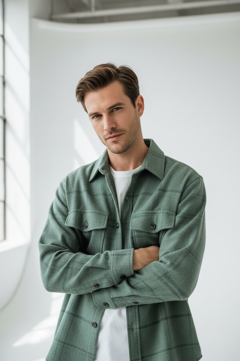 Male model wearing Sage Green Flannel Overshirt upper body
