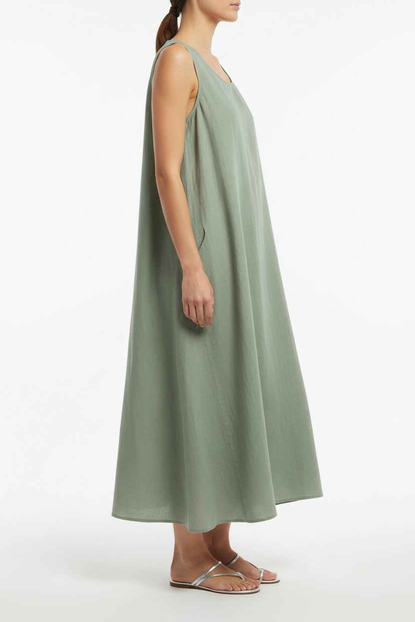 Sage green linen midi dress side view