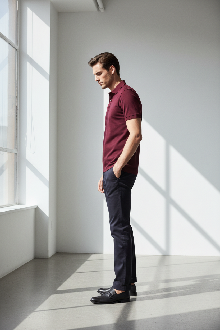 Male model wearing Burgundy Slim-Fit Polo side profile