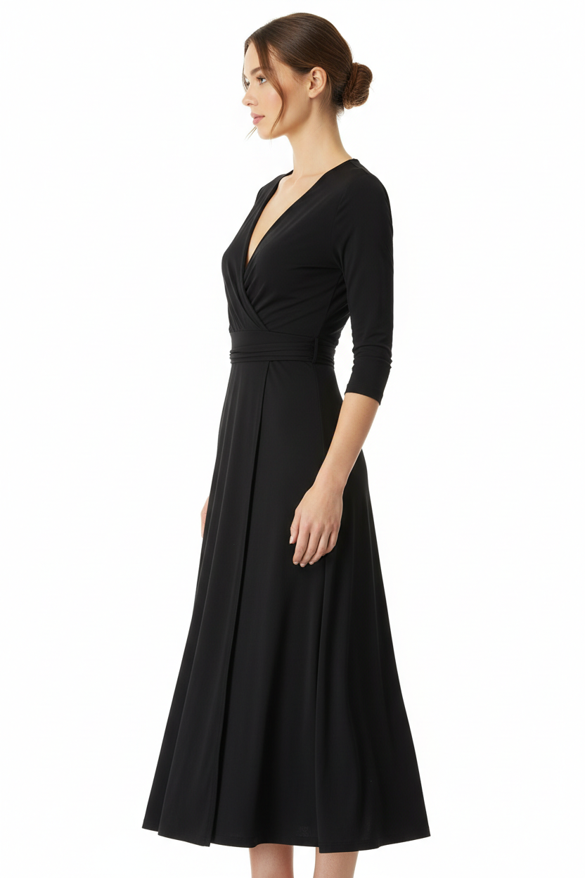 Black wrap midi dress side view