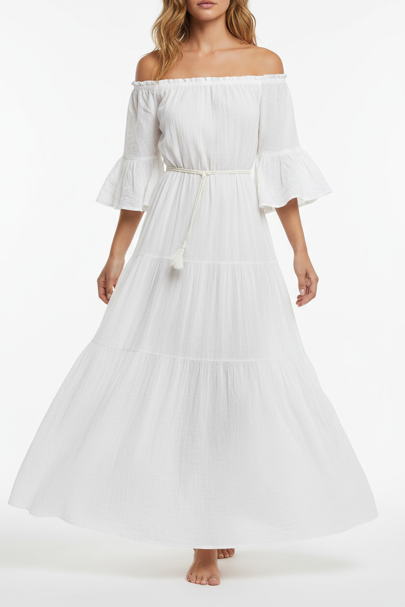 White off-shoulder maxi dress front view