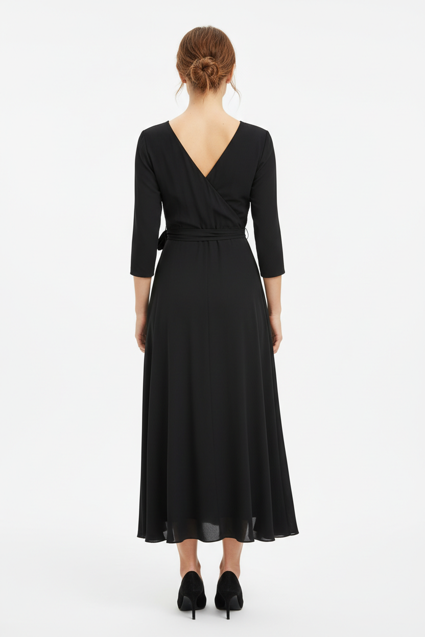 Black wrap midi dress back view