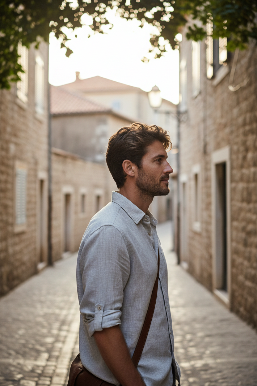 Male model wearing Grey Linen Casual Shirt side profile