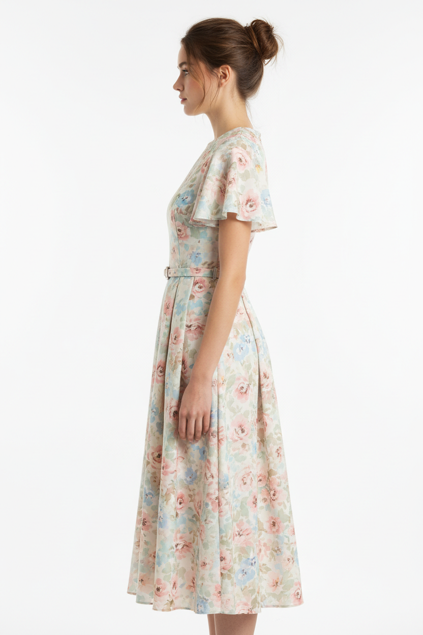 Floral pastel midi dress side view