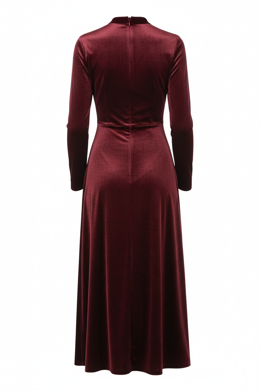 Burgundy velvet midi dress back view
