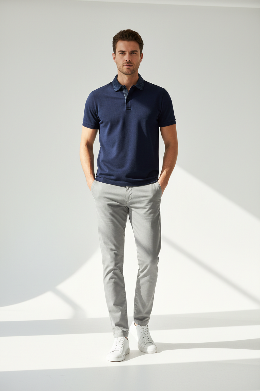 Male model wearing Navy Piqué Polo Shirt full body