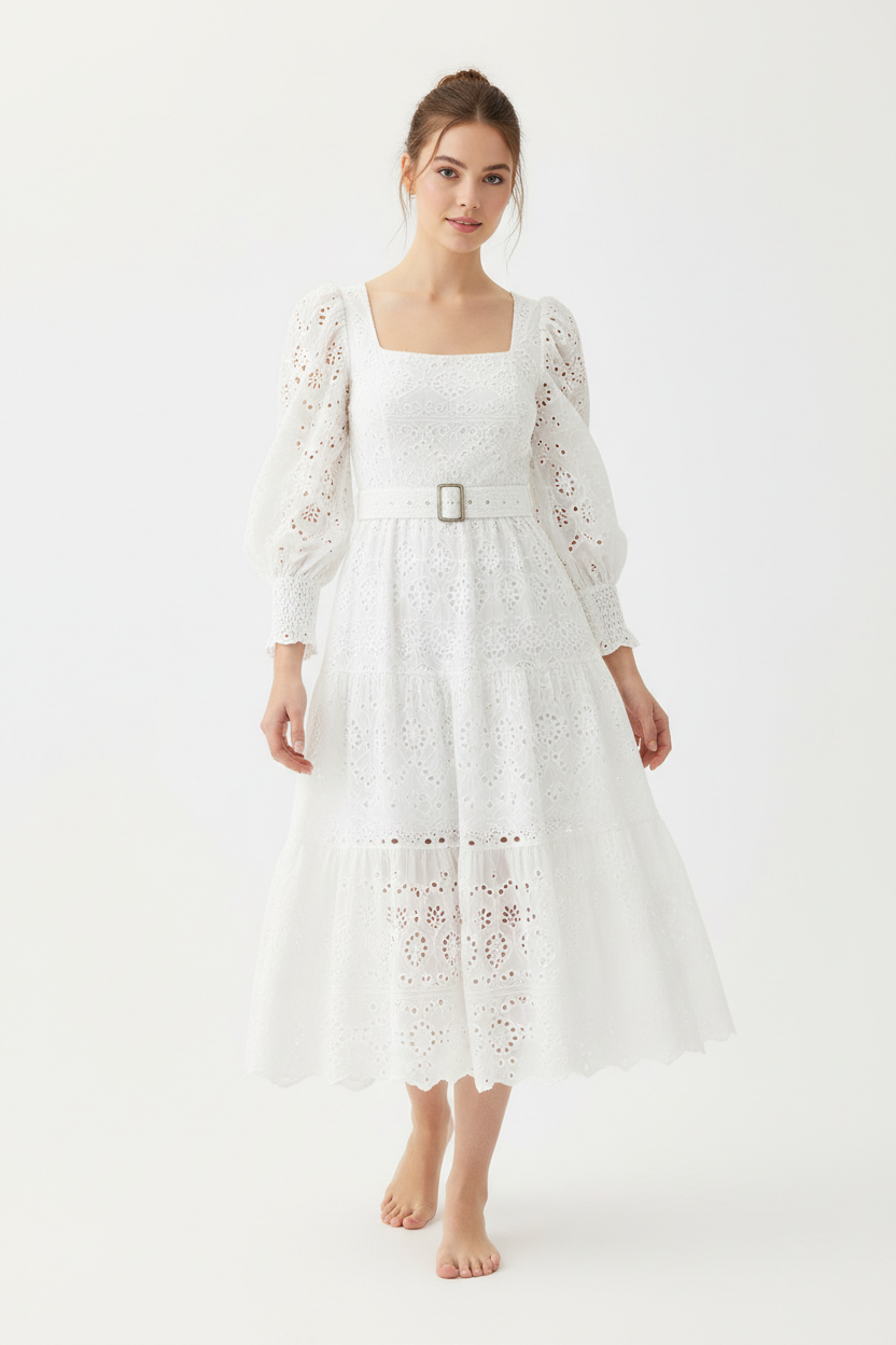 White broderie anglaise midi dress front view
