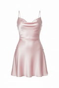 Satin pastel pink mini dress on white background