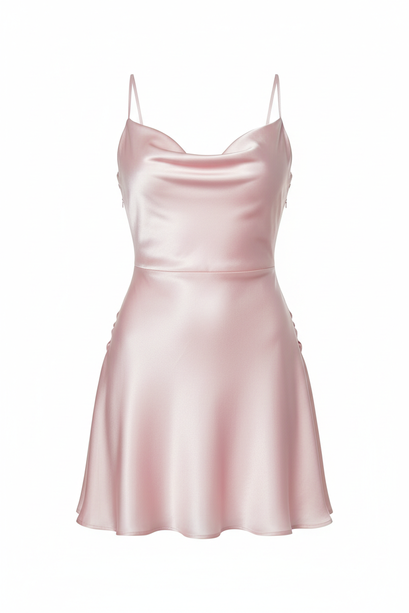 Satin pastel pink mini dress on white background