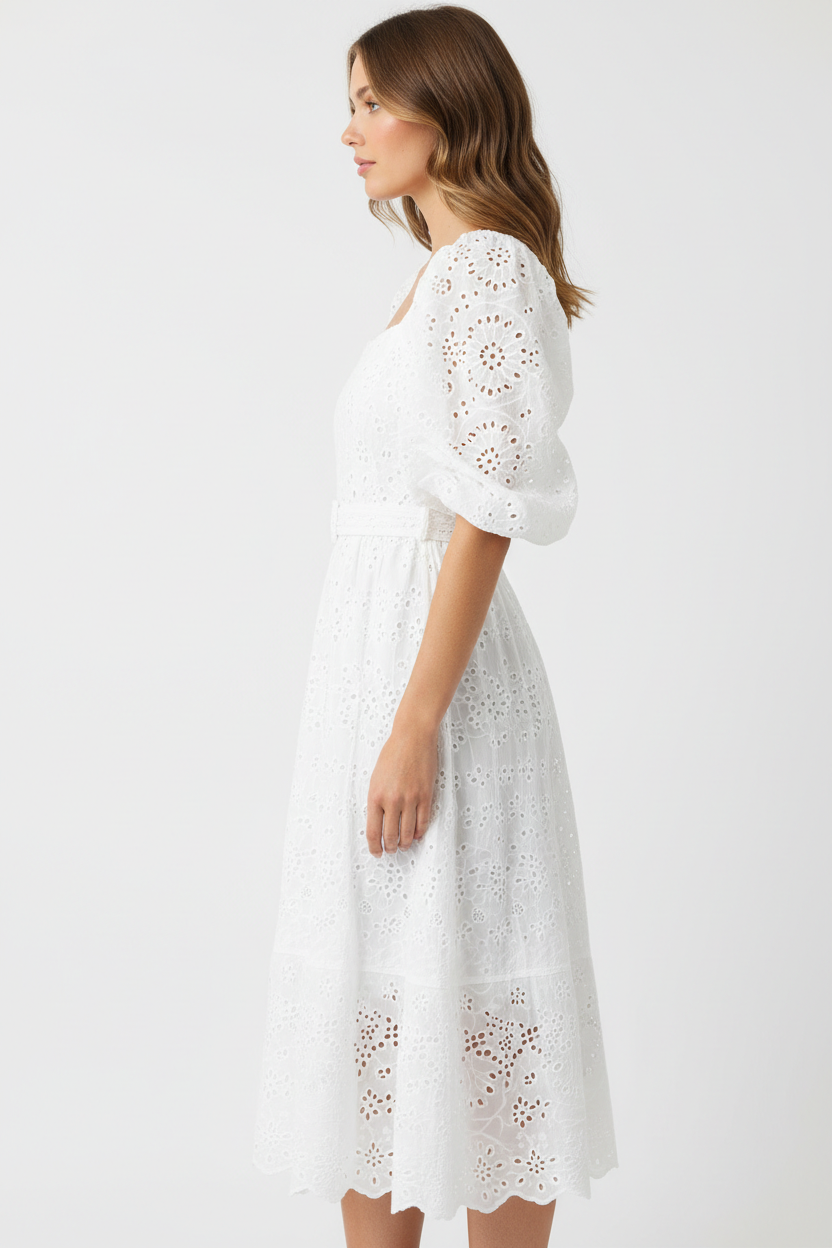White broderie anglaise midi dress side view