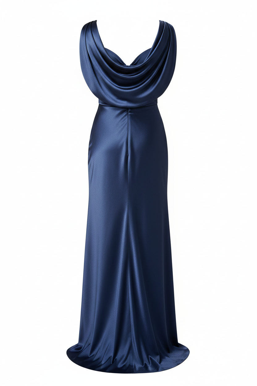 Navy blue satin maxi dress back view