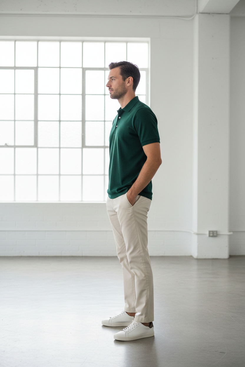 Male model wearing Forest Green Polo Shirt side profile