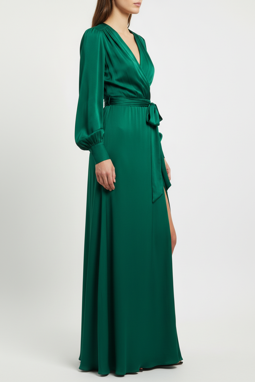 Emerald green wrap maxi dress side view