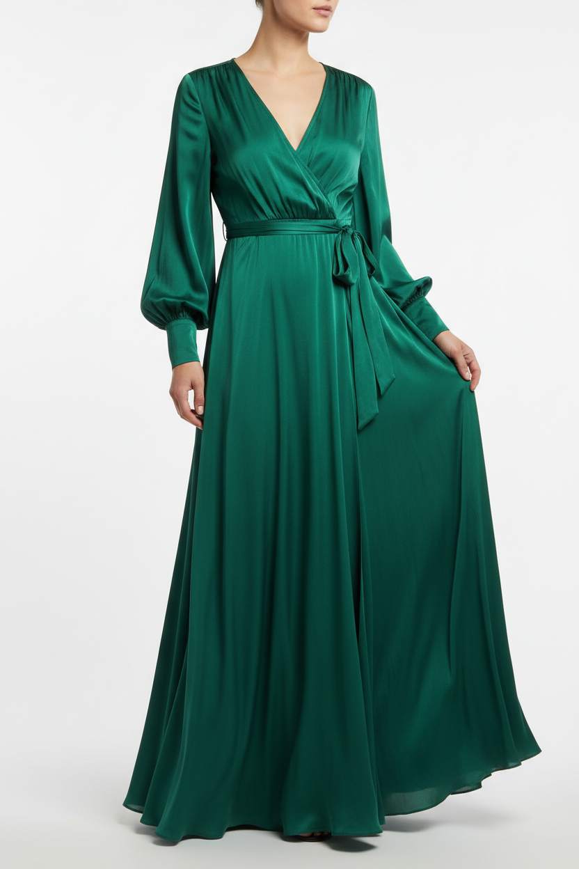 Emerald green wrap maxi dress front view