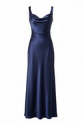 Navy blue satin maxi dress front view