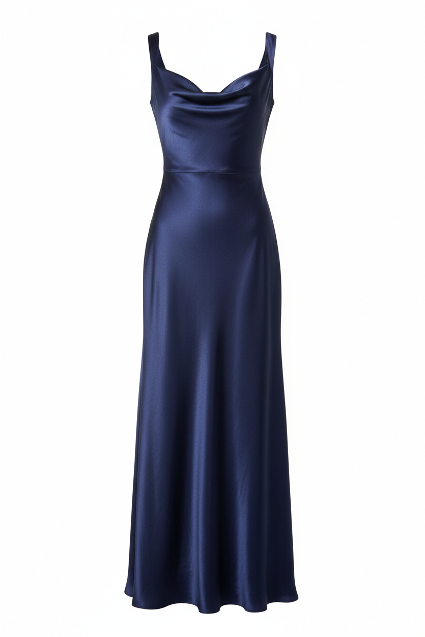 Navy blue satin maxi dress front view