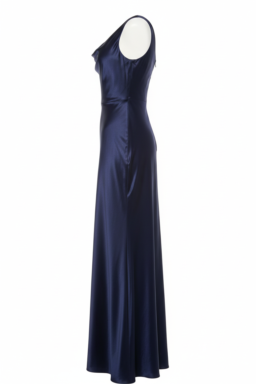 Navy blue satin maxi dress side view