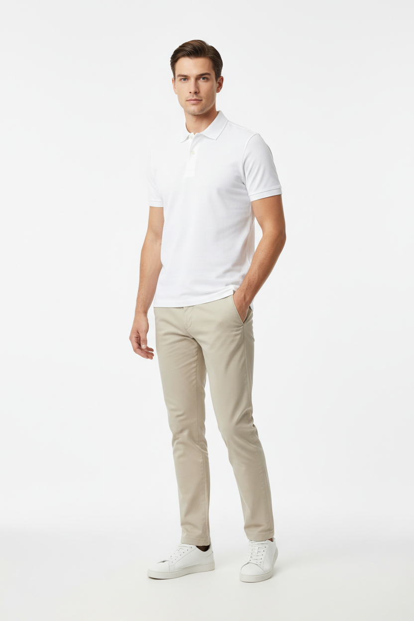 Male model wearing Classic White Polo Shirt full body