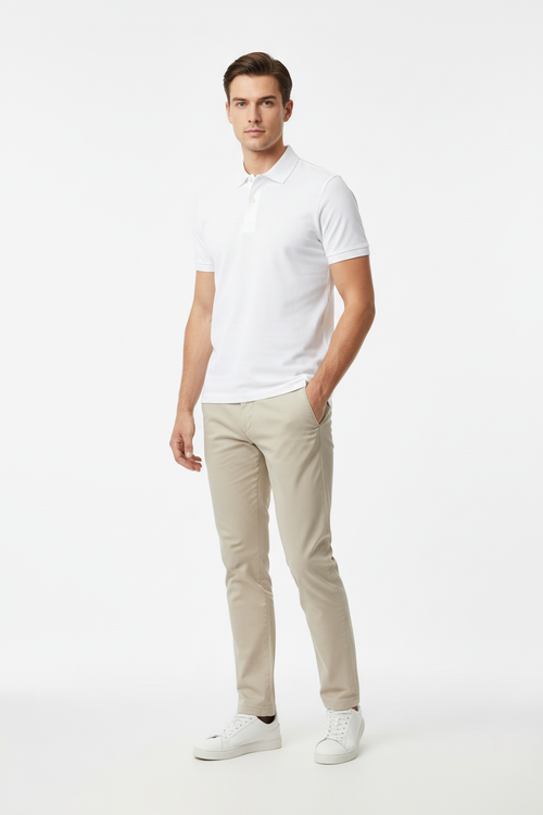 Male model wearing Classic White Polo Shirt full body