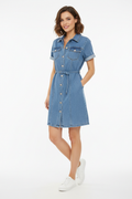 Denim button-front mini dress on white background