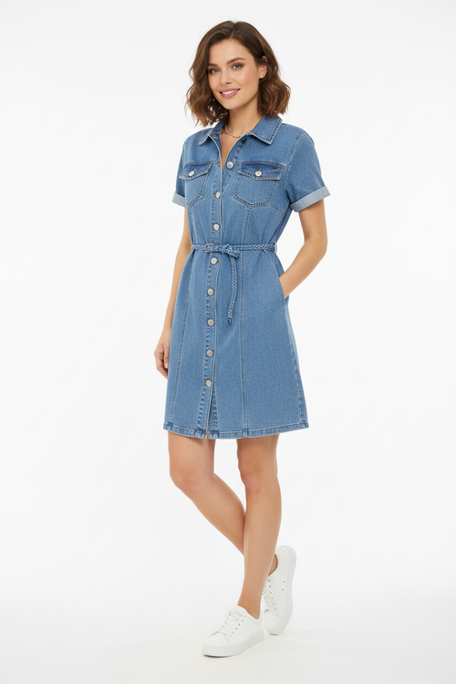 Denim button-front mini dress on white background