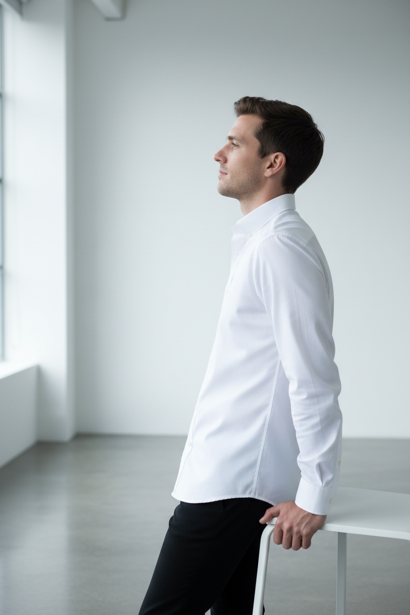 Male model wearing Oxford White Shirt side profile