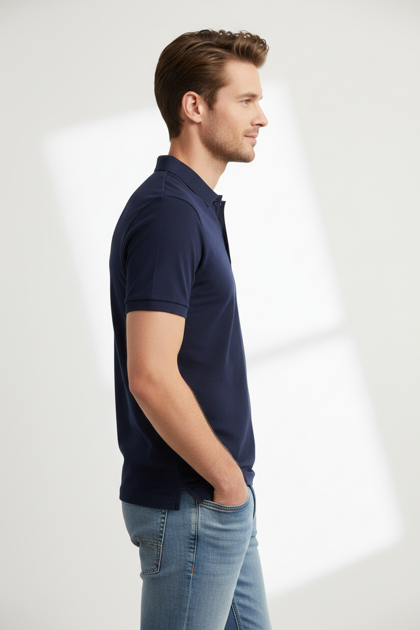 Male model wearing Navy Piqué Polo Shirt side profile