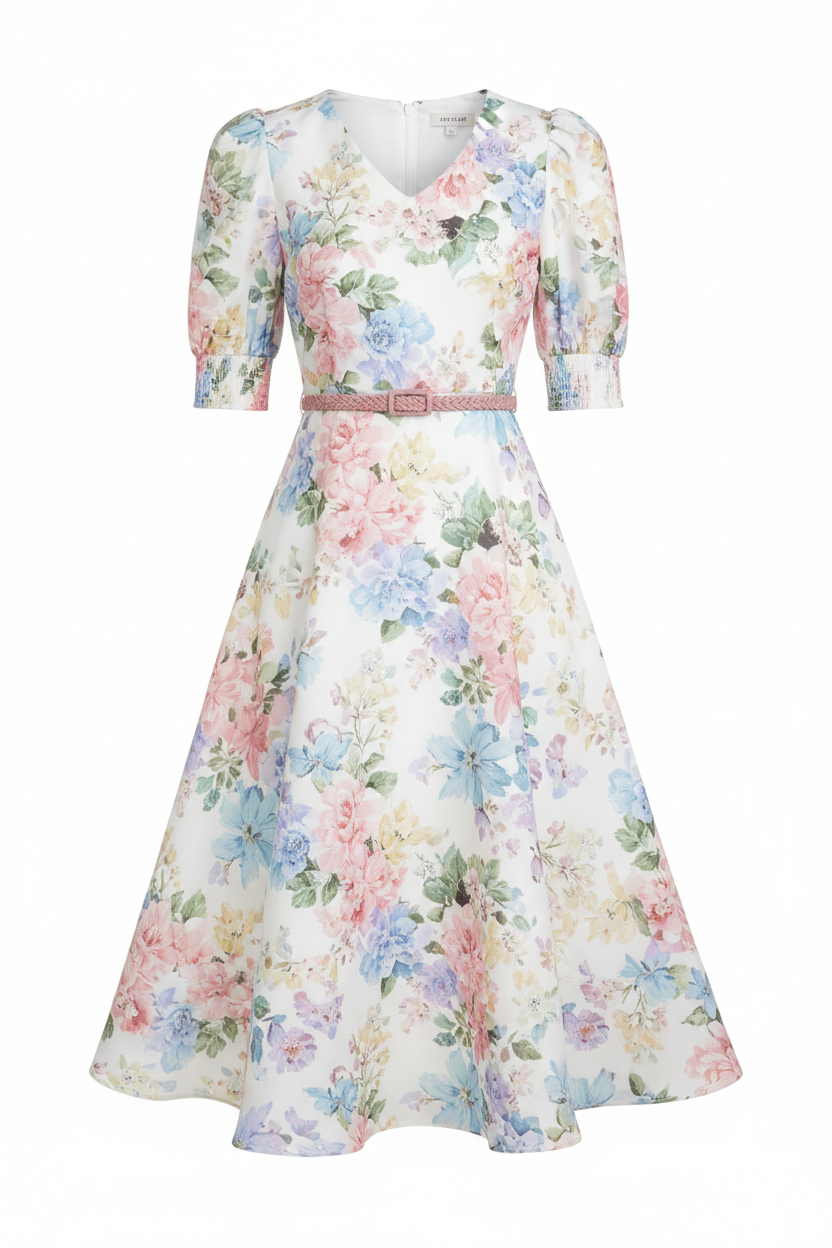 Floral pastel midi dress front view