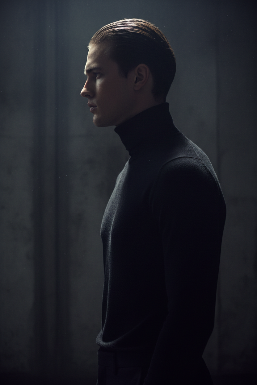 Male model wearing Black Turtleneck Shirt side profile