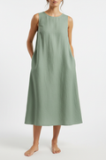 Sage green linen midi dress front view