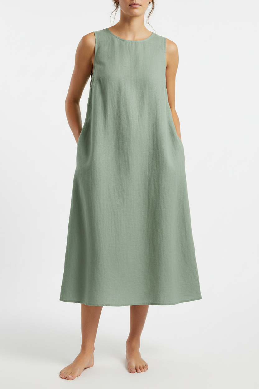 Sage green linen midi dress front view