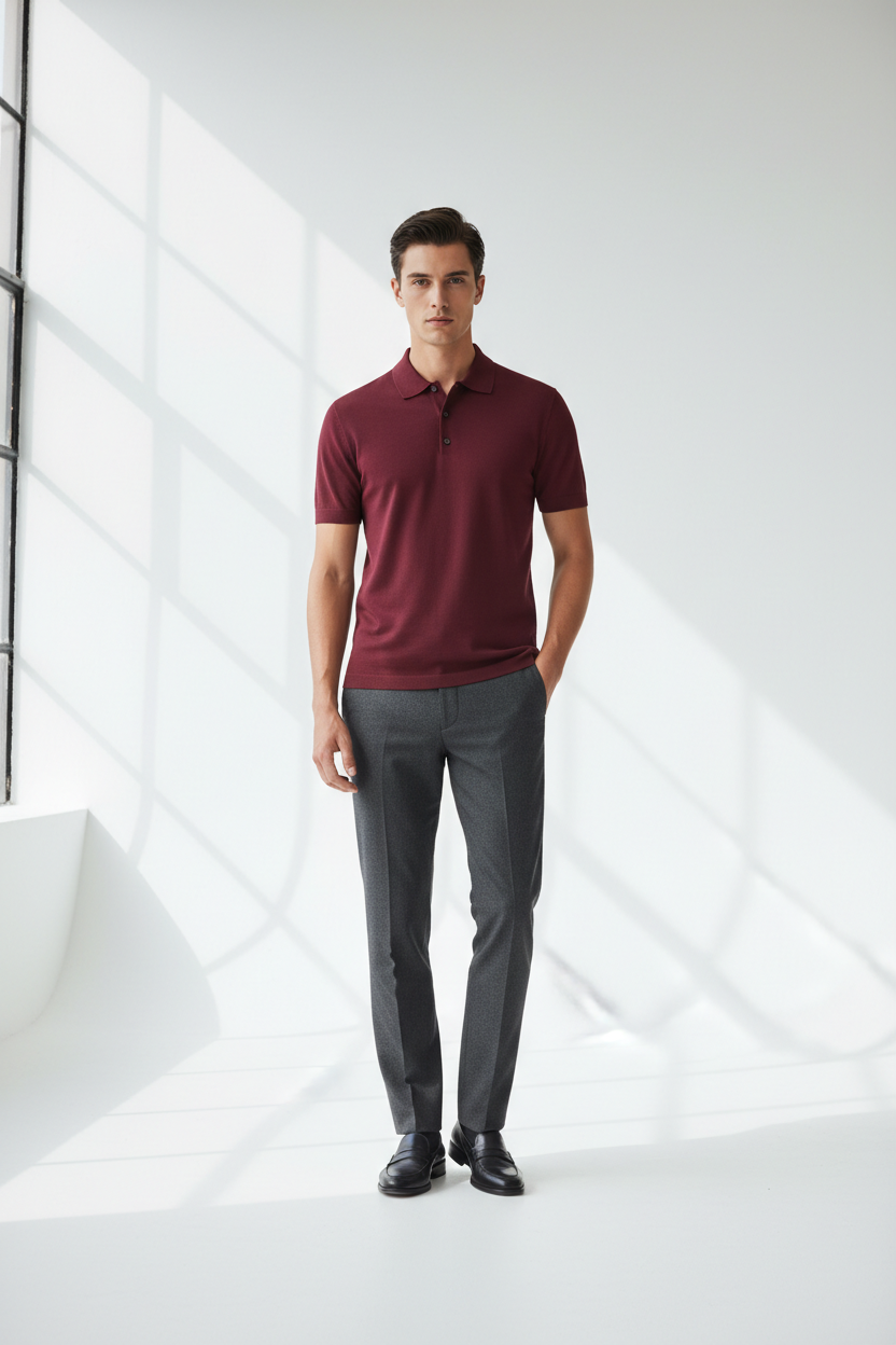 Male model wearing Burgundy Slim-Fit Polo full body