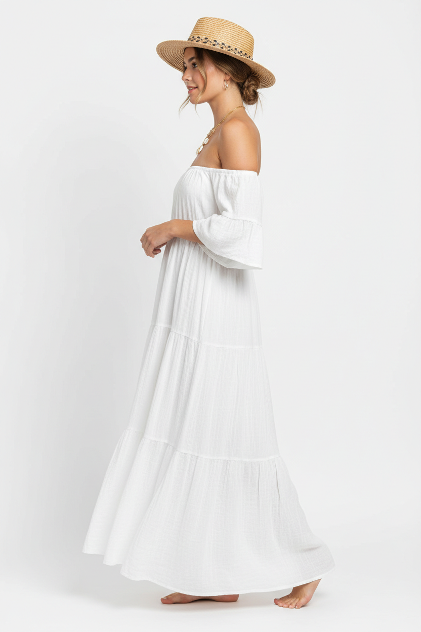 White off-shoulder maxi dress side view