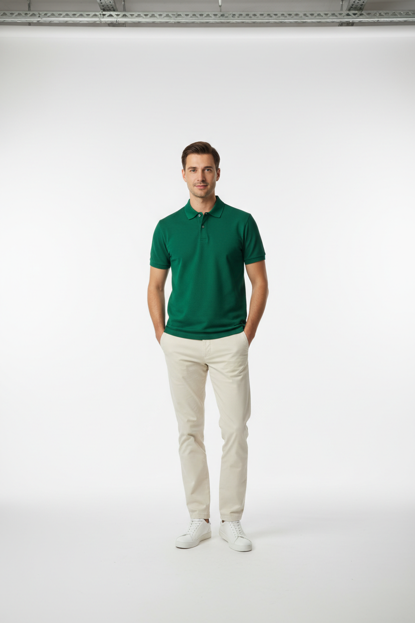 Male model wearing Forest Green Polo Shirt full body