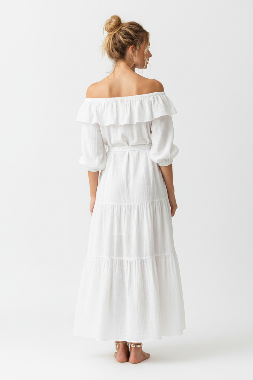 White off-shoulder maxi dress back view