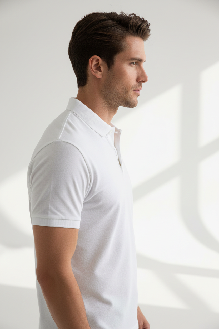 Male model wearing Classic White Polo Shirt side profile