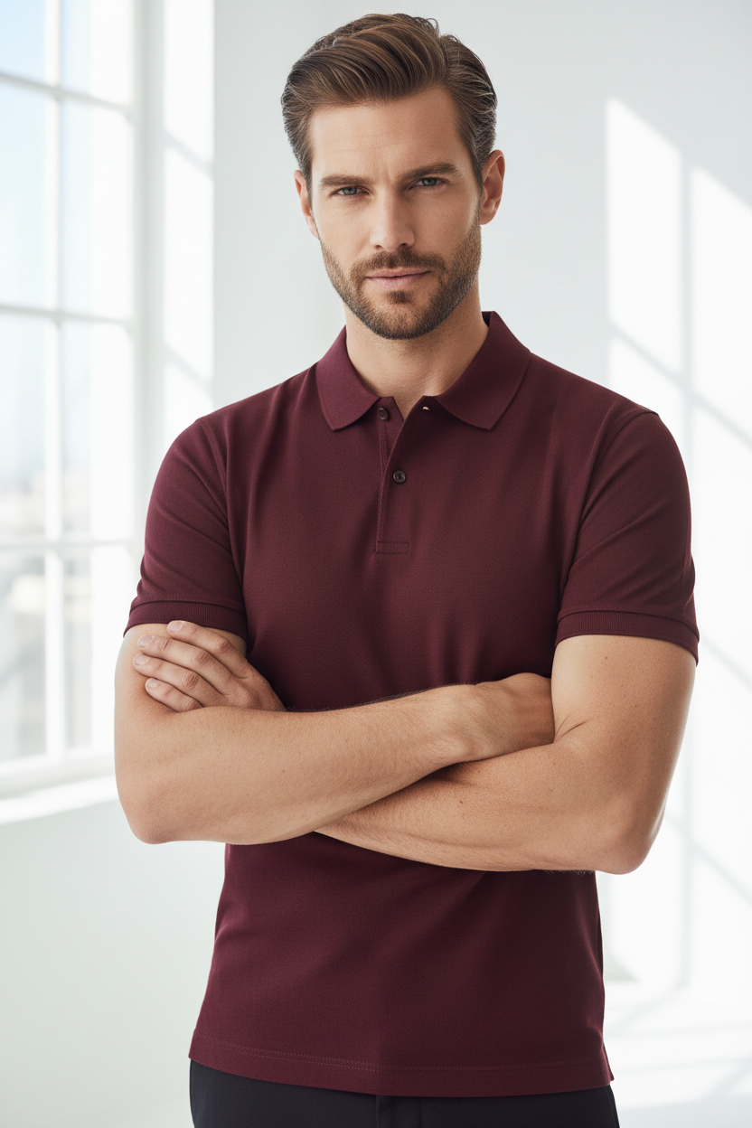 Male model wearing Burgundy Slim-Fit Polo upper body